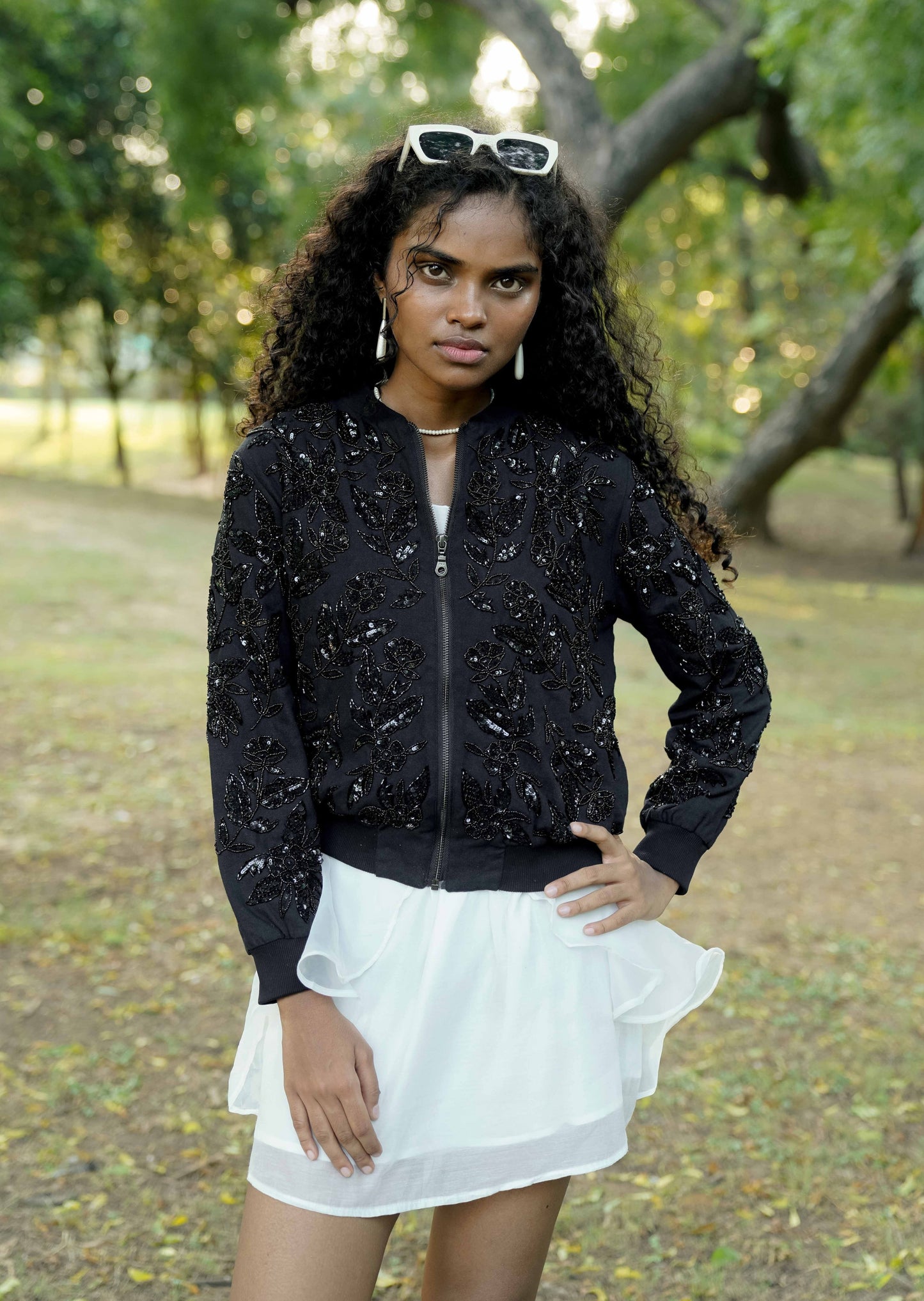 Front picture of Black hand-embroidered bomber jacket