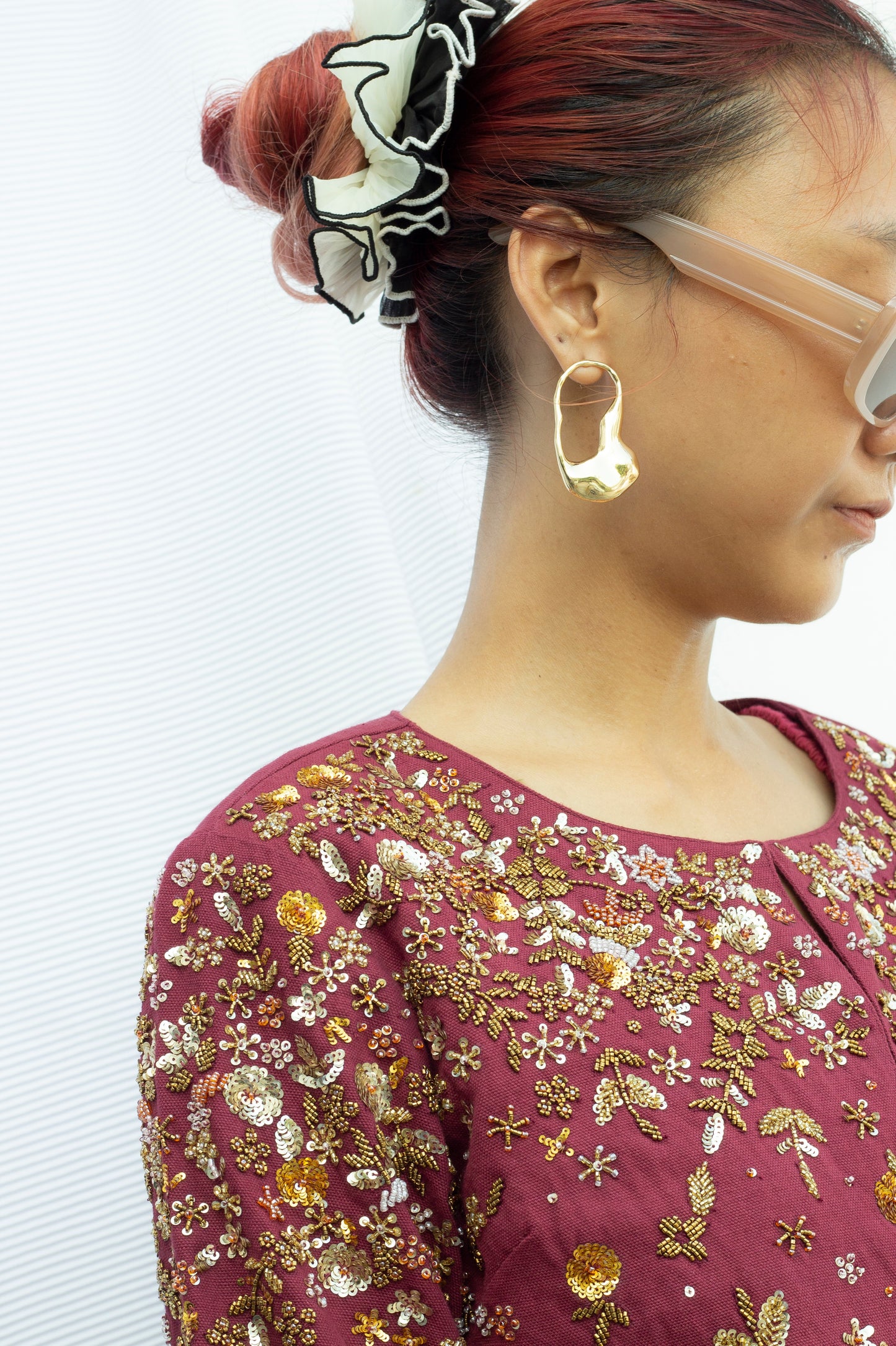 Embroidery Detail picture of burgundy embroidered cropped jacket