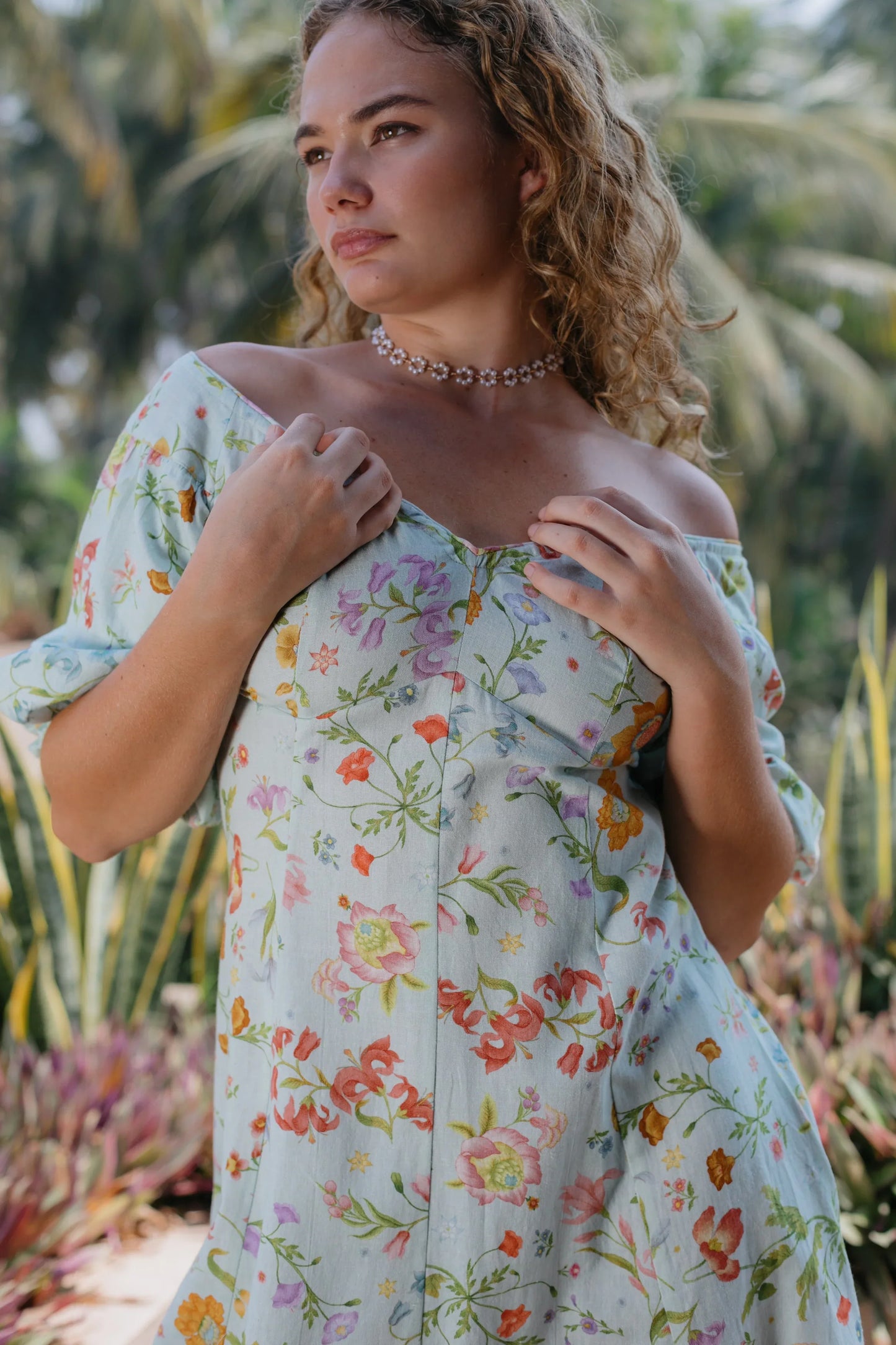 Close-up image of front part of Blue Off-Should Dress