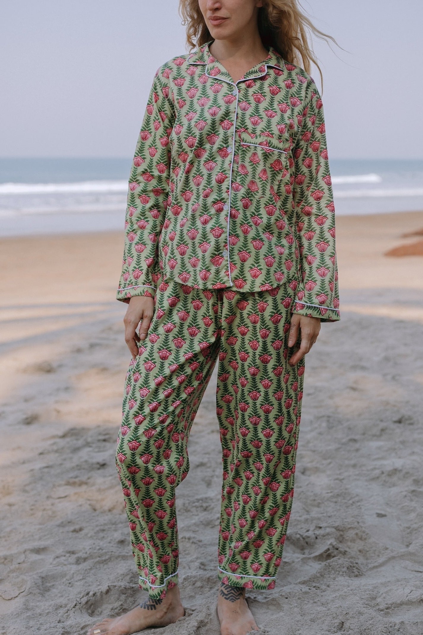 Front picture of green floral pajama set