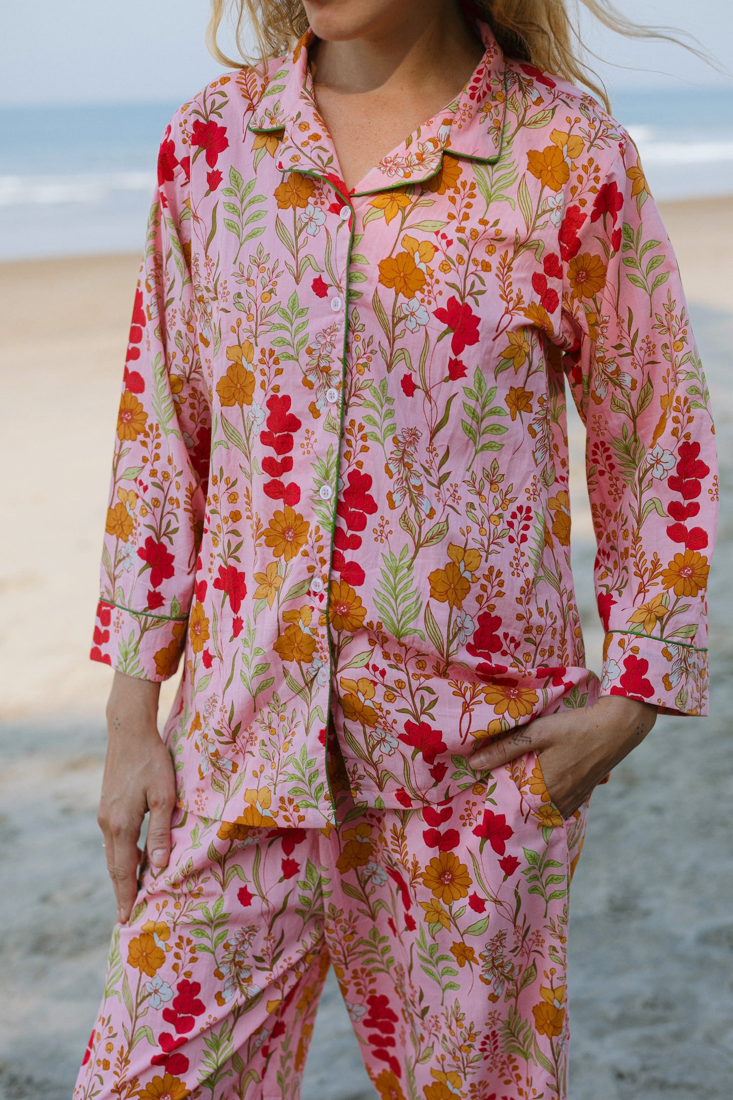 Close-up picture of dark pink floral pajama set