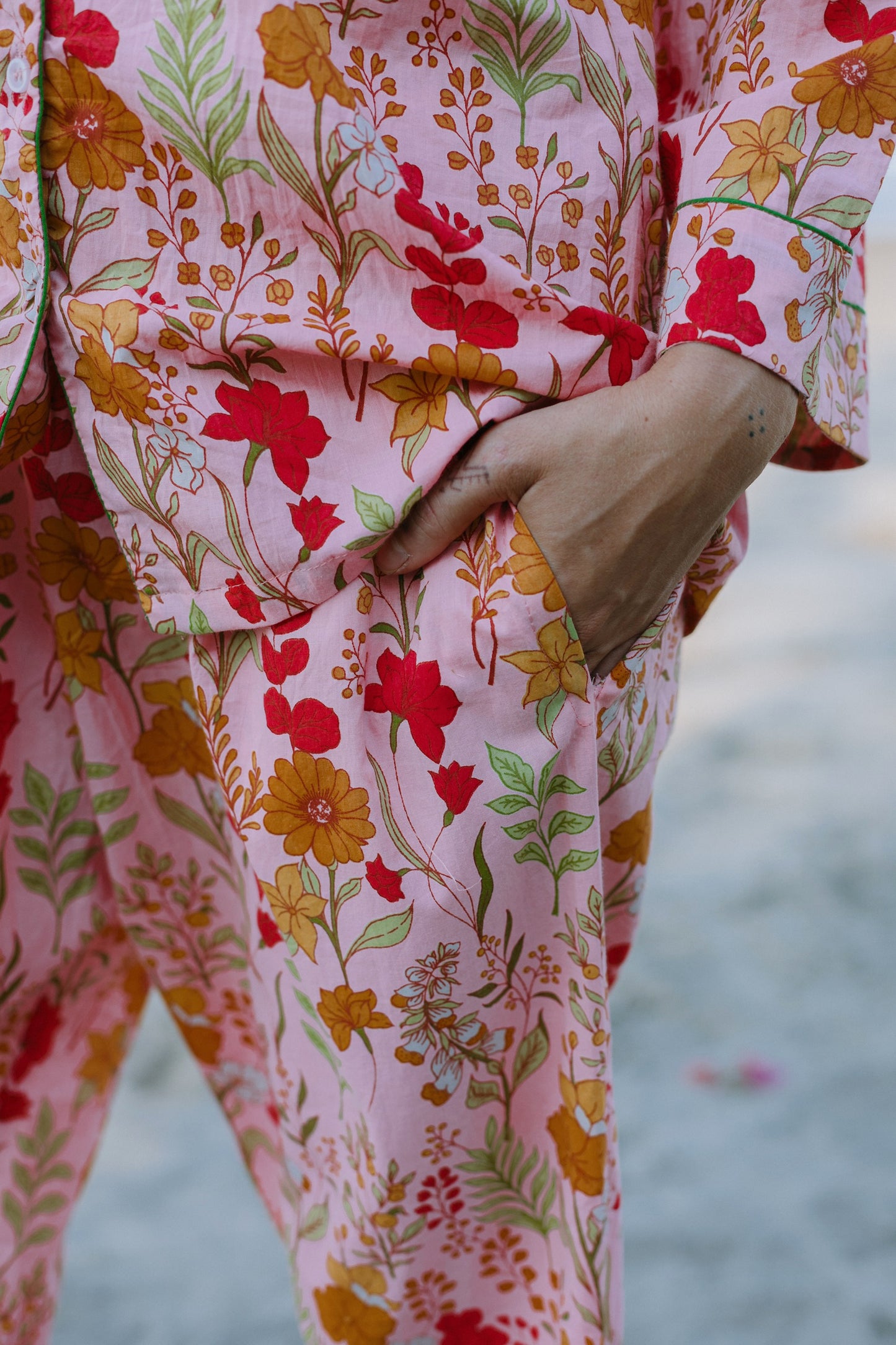 Zoomed in picture of dark pink floral pajama set