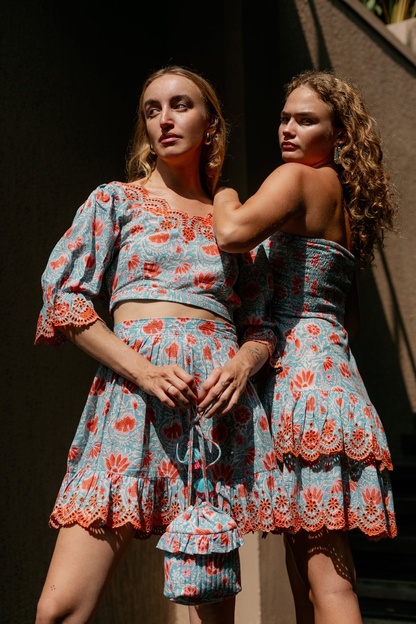 picture of floral strapless dress and 2 peice skirt set