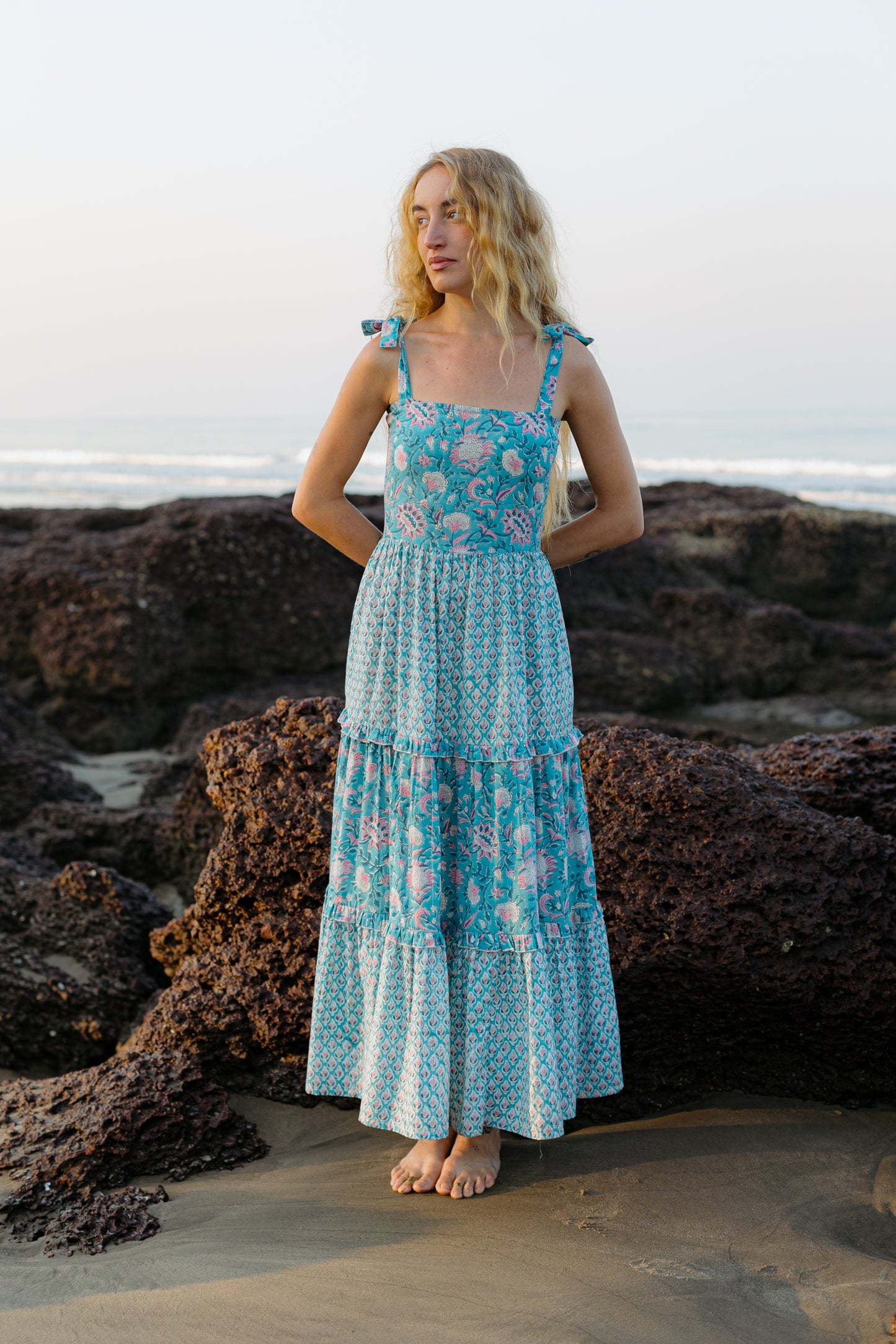 Front picture of blue floral boho gown