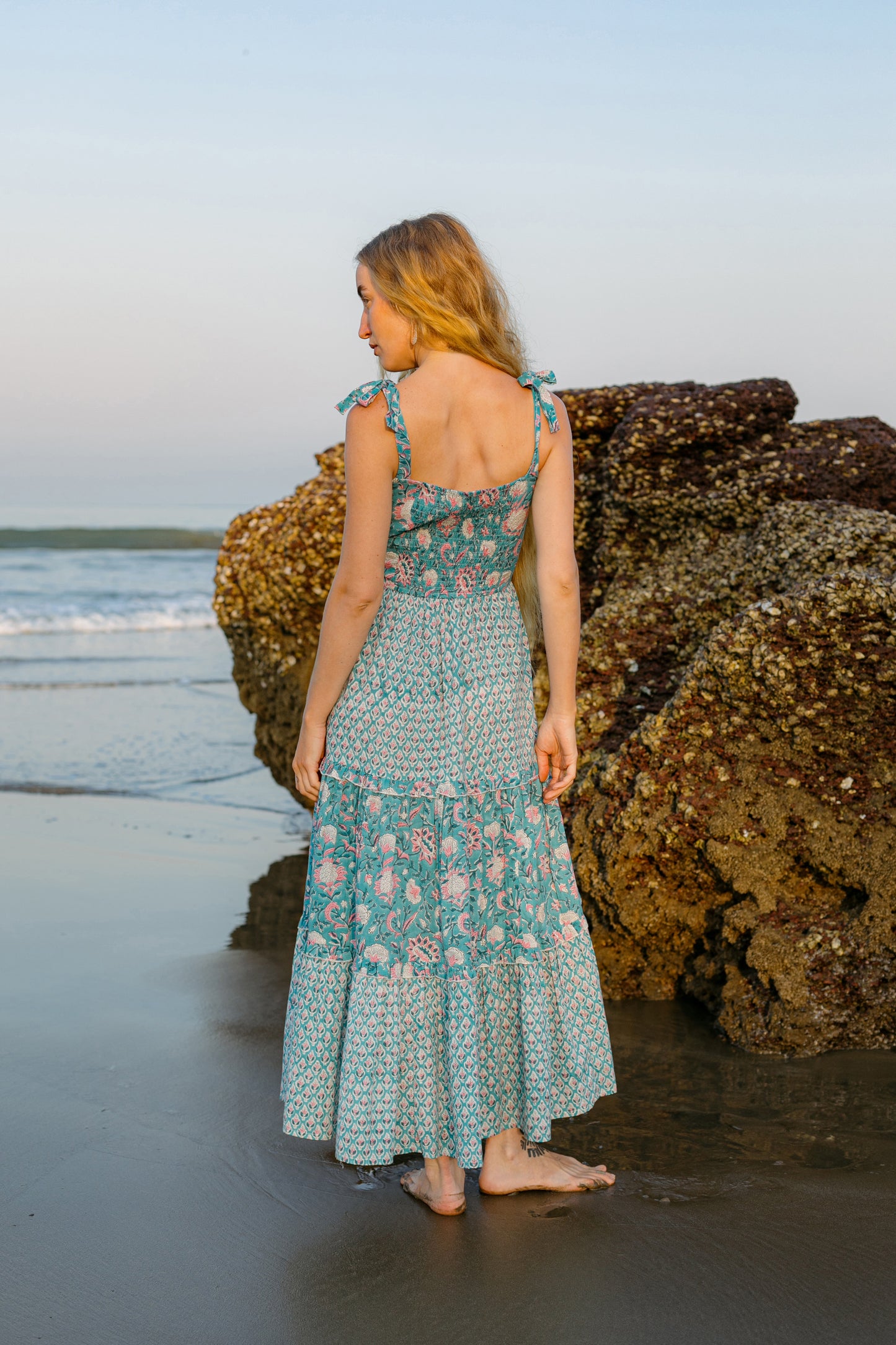 Back picture of blue floral boho gown