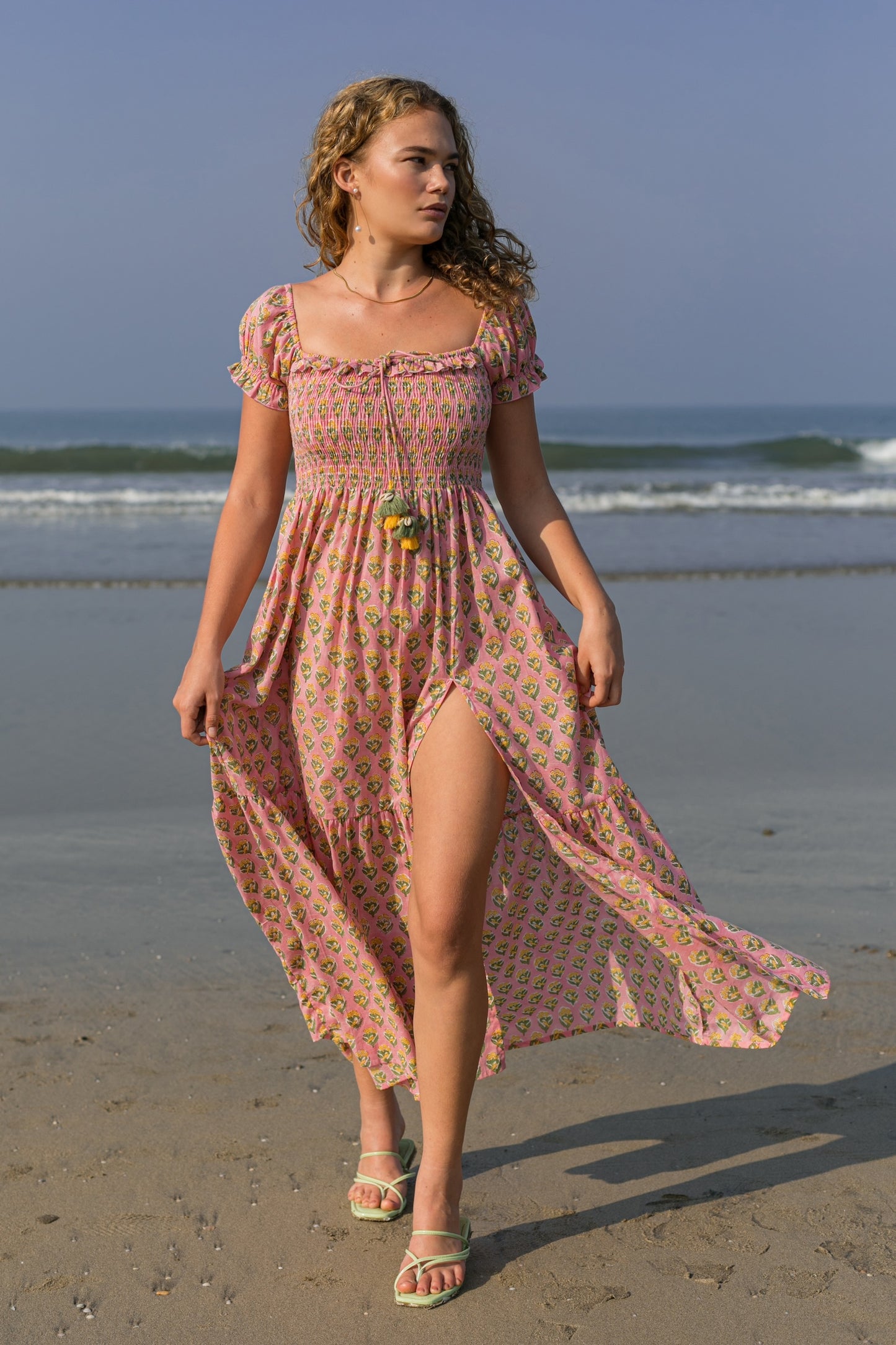 Front full length picture of pink boho dress