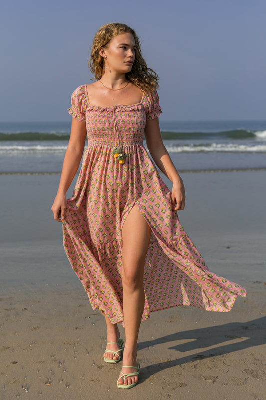 Front full length picture of pink boho dress