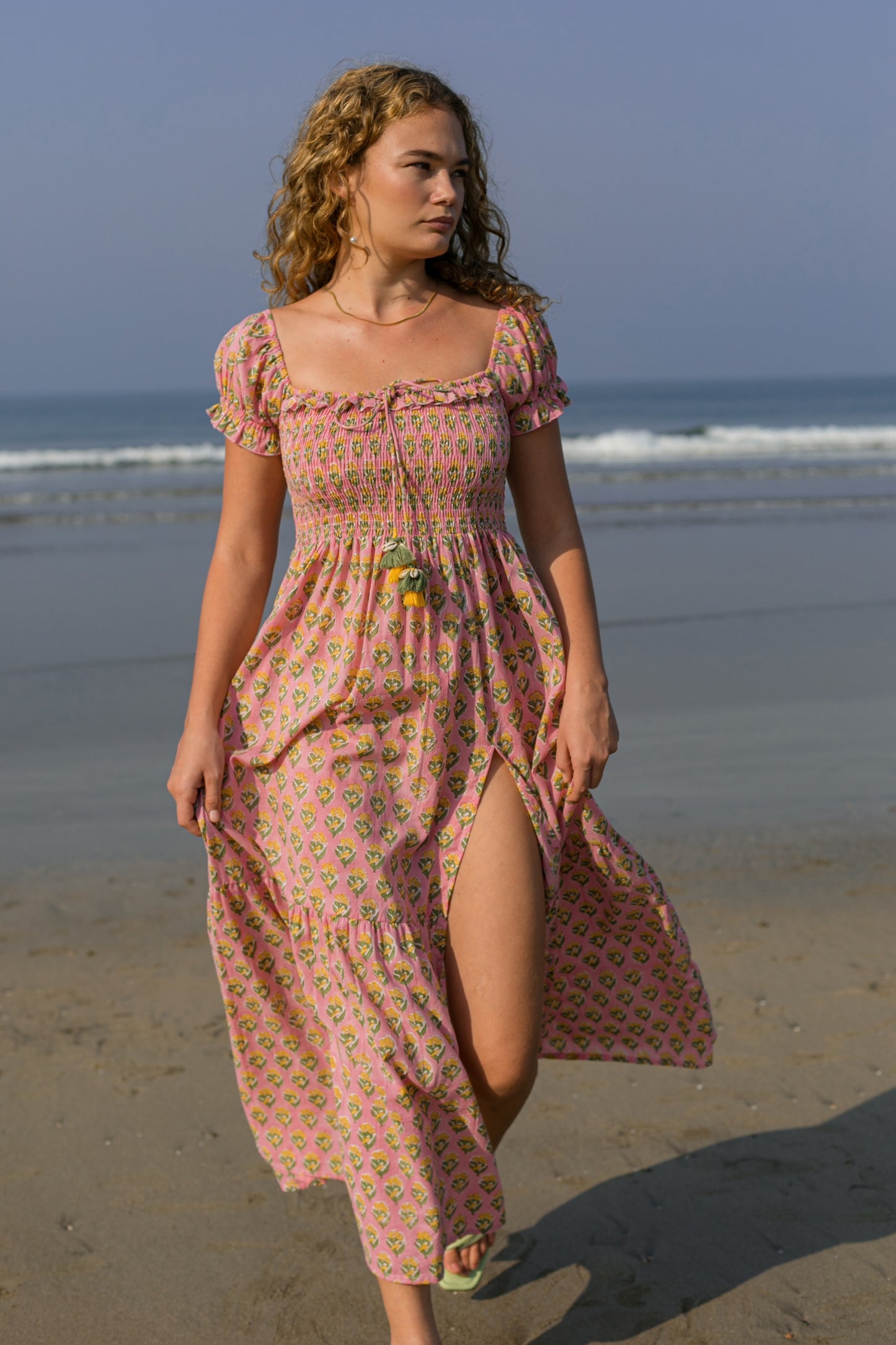 Front full length picture of pink boho dress