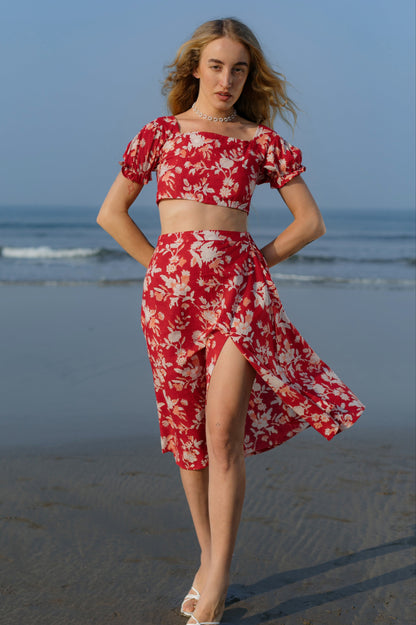 Front picture of red 2 piece crop top and skirt set