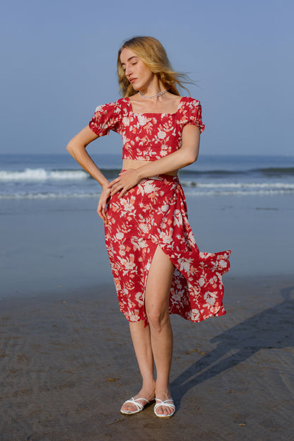 Front picture of red 2 piece crop top and skirt set