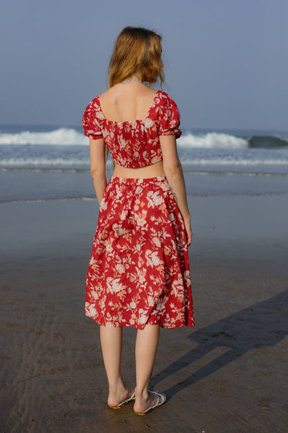 Back picture of red 2 piece crop top and skirt set