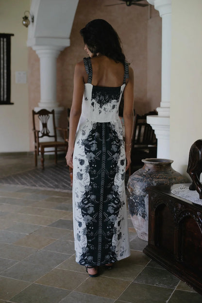 Rupa Cotton-Linen Blend Maxi Dress in Black and White
