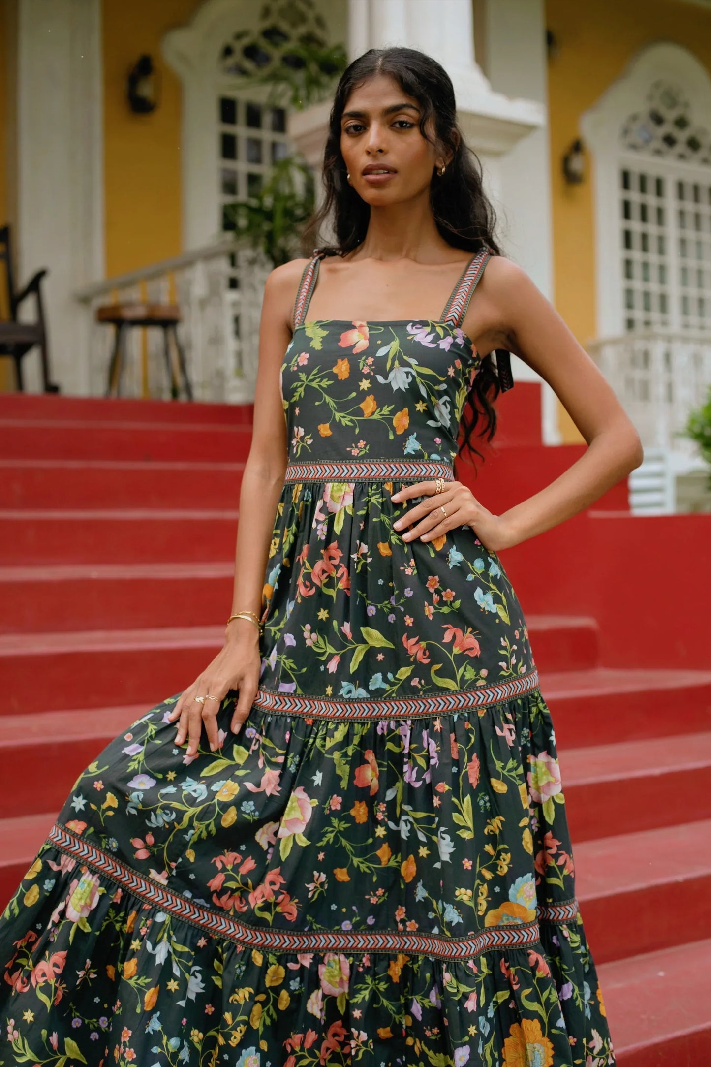 Avni Floral Tiered Maxi Sundress in Black