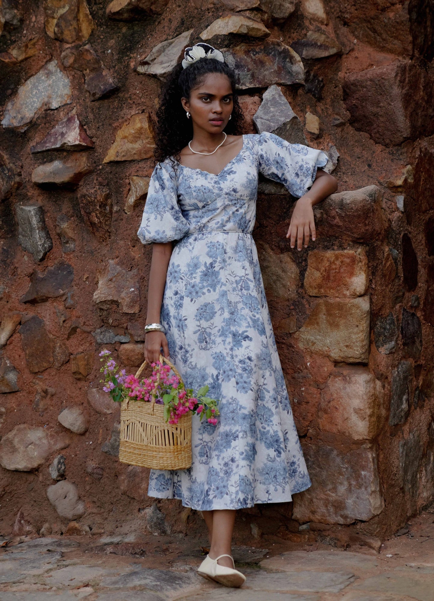 Front picture of floral off shoulder midi dress