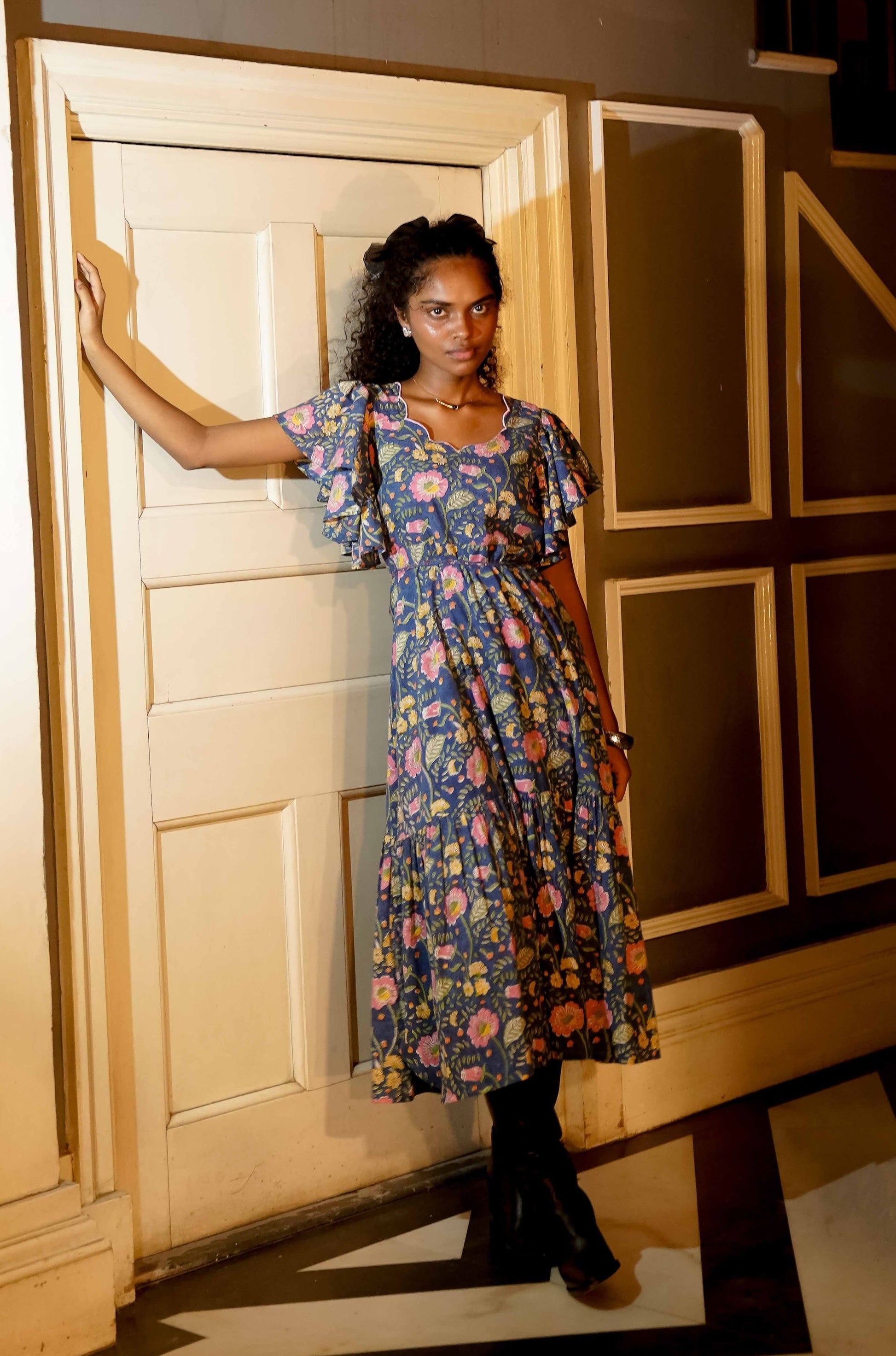 Front picture of blue floral boho midi dress
