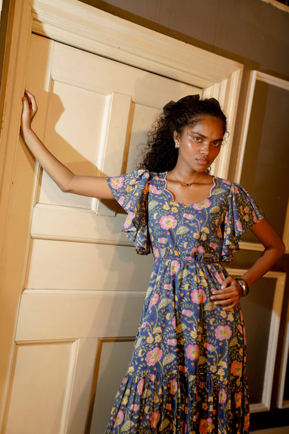 closeup picture of blue floral boho midi dress