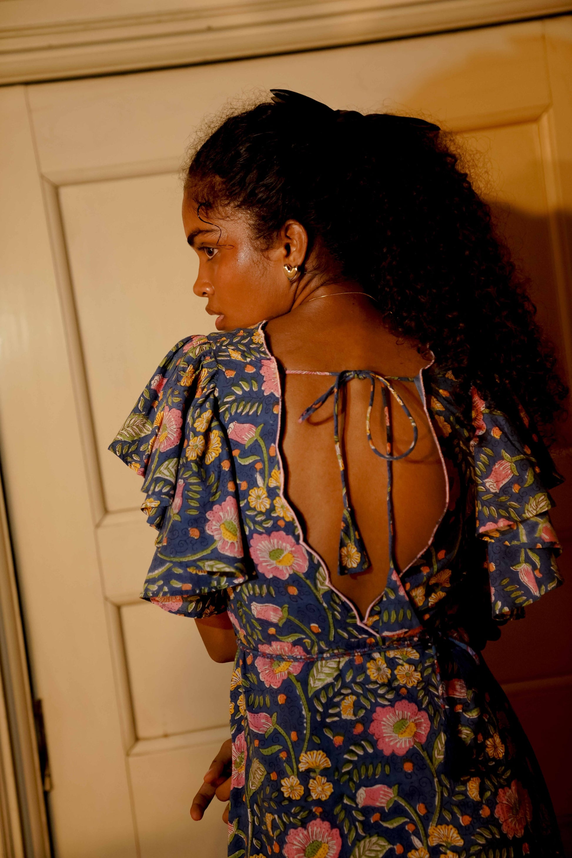 Back picture of blue floral boho midi dress