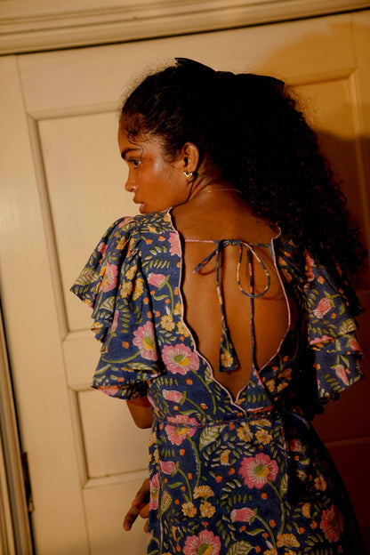 Back picture of blue floral boho midi dress