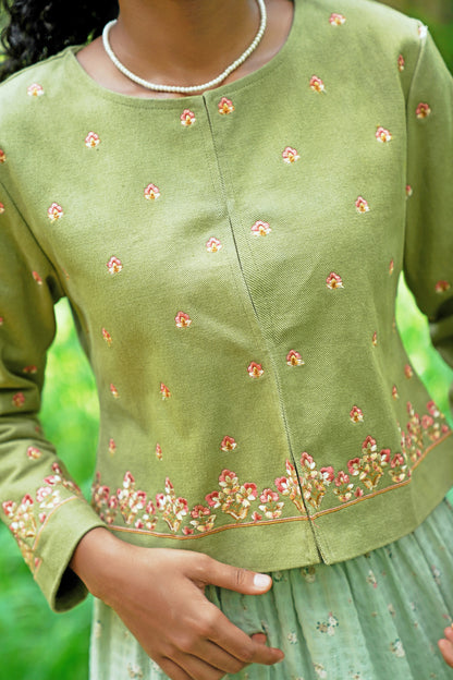 Detail picture of sage green embroidered jacket
