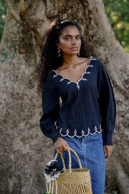 Front picture of black embroidered top with full sleeves