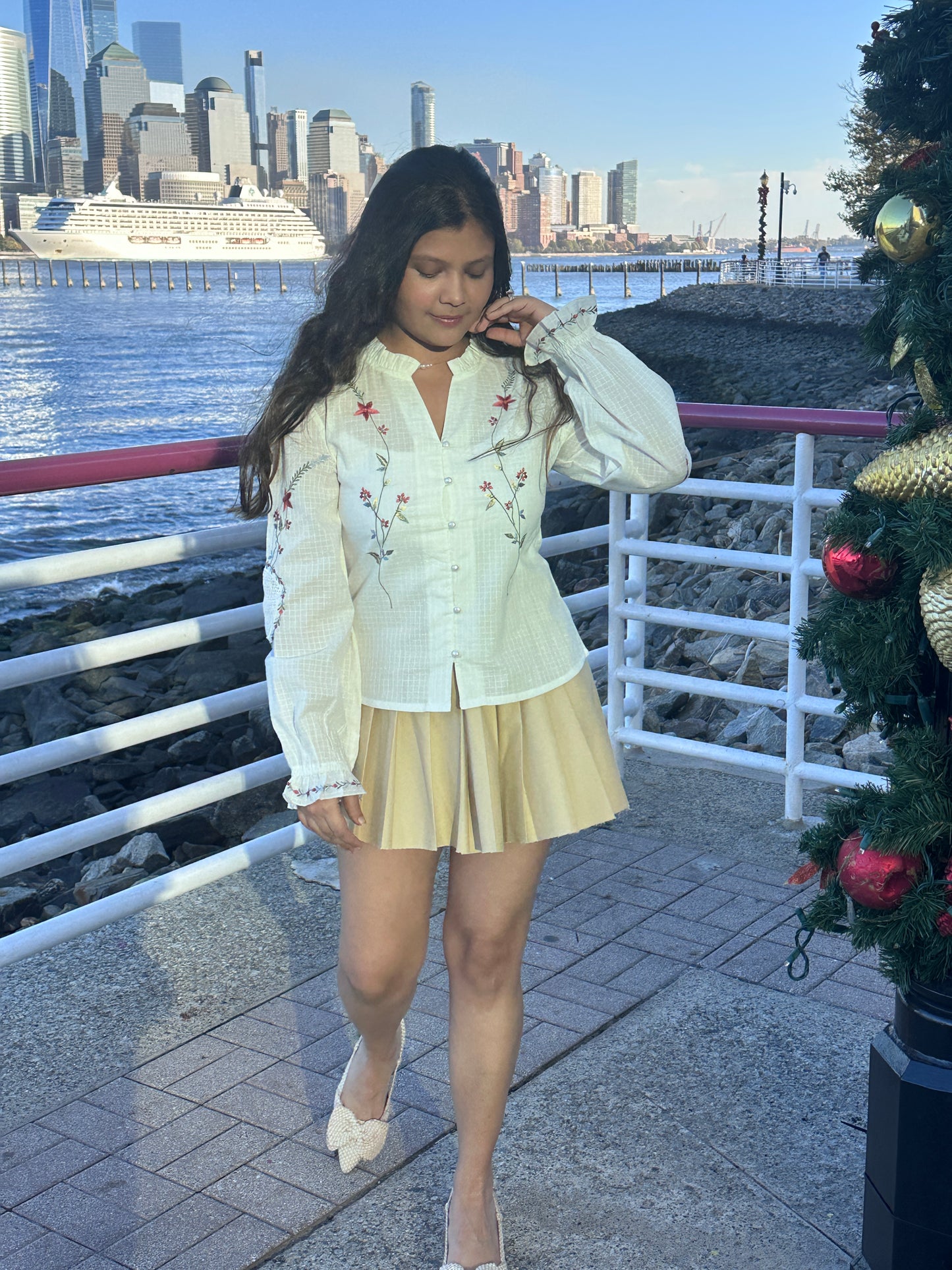 Full length front picture of White Floral embroidered long sleeve top 