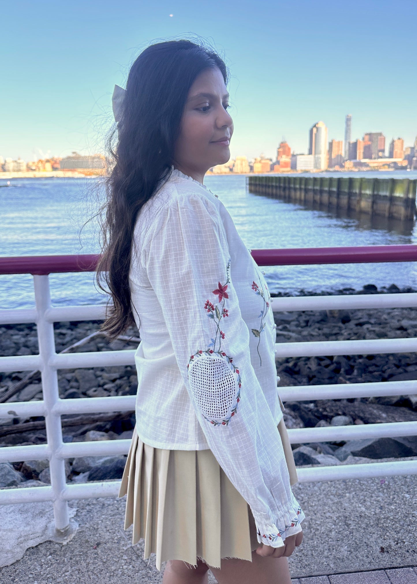 Side picture of White Floral embroidered long sleeve top 