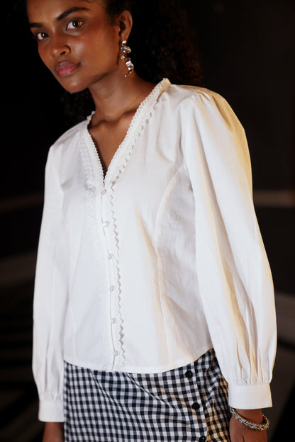 Front close up picture of white puff sleeve blouse with lace trim detail