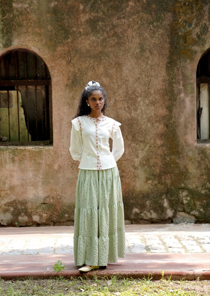 Front picture of white embrodiered button down top