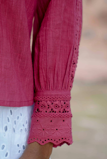 Deatil picture of the cuff belonging to long sleeve cropped shirt with lace detail