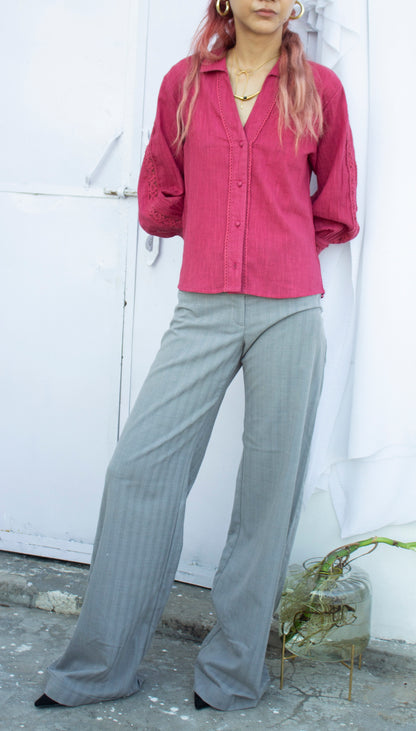 Full size front picture of long sleeve cropped shirt with lace detail