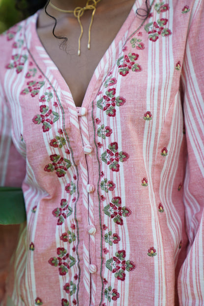 Embroidery detail picture of pink embroidered blouse with puff sleeves