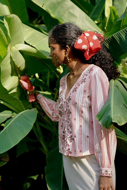 Side picture of pink embroidered blouse with puff sleeves