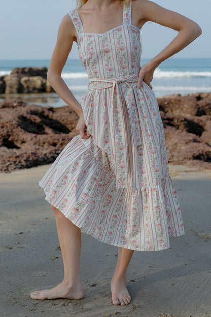 Close up picture of white floral sleeveless boho dress