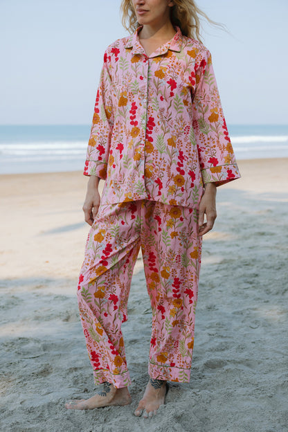 Front picture of dark pink floral pajama set