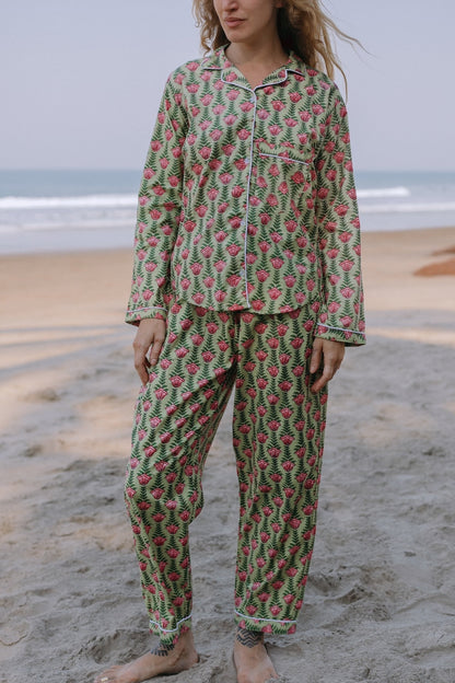 Front picture of green floral pajama set
