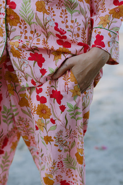 Zoomed in picture of dark pink floral pajama set