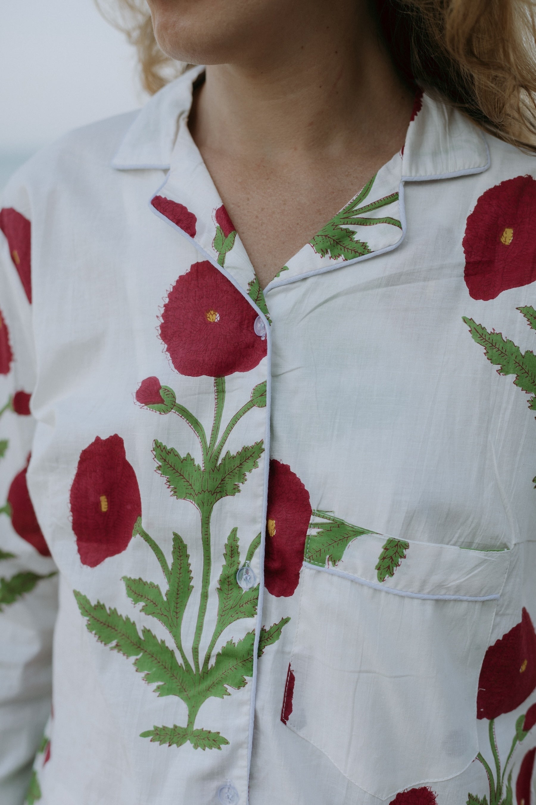 Close-up picture of white floral PJ set