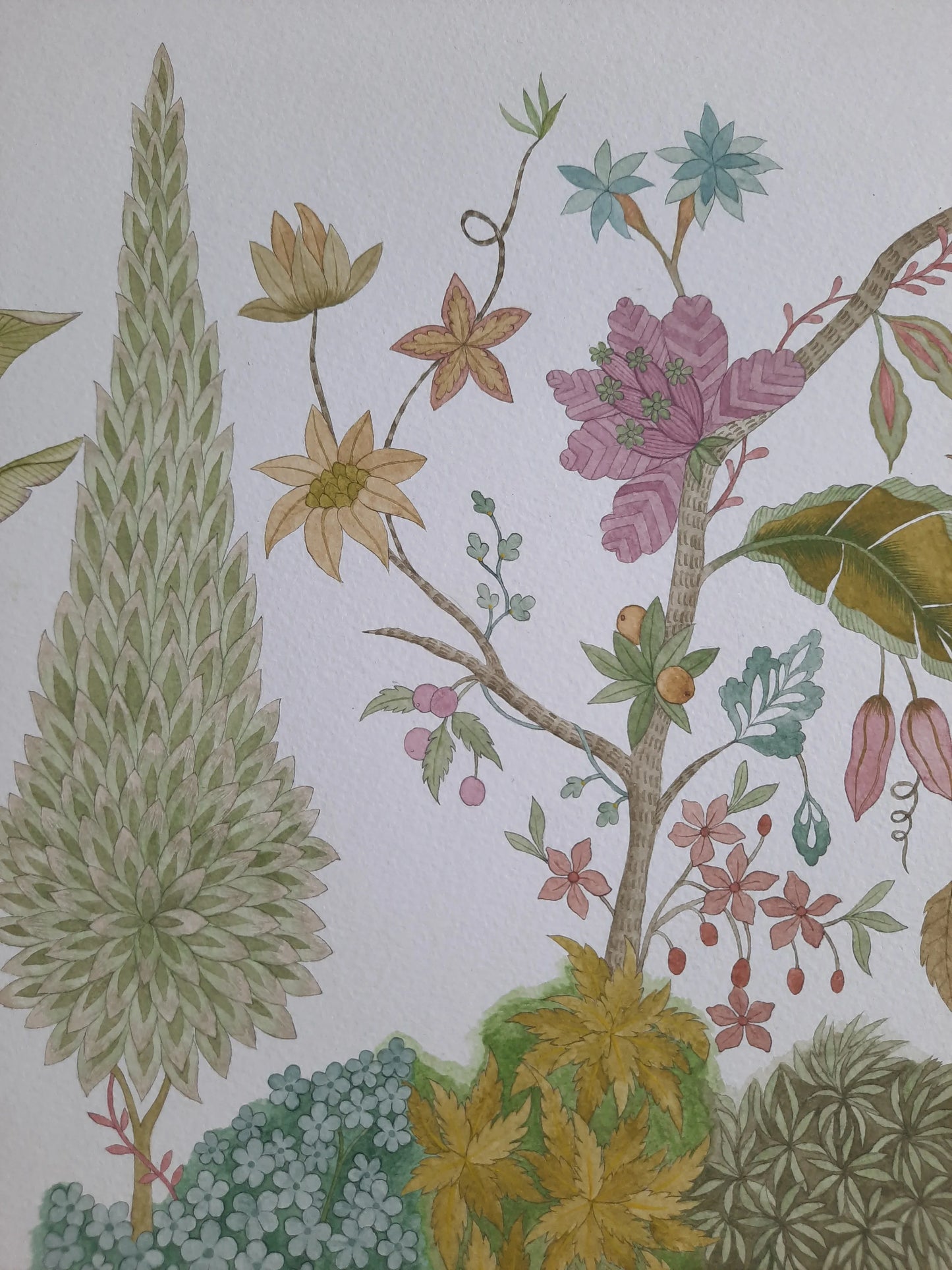 Original chintz inspired hand-painting used in Blue Floral Midi Dress in 100% cotton