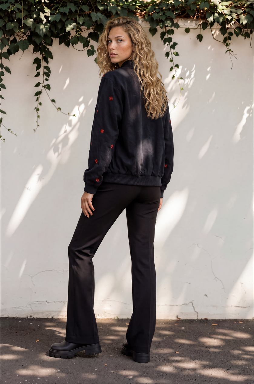 Layla Black Hand-Embroidered Bomber Jacket with red florals
