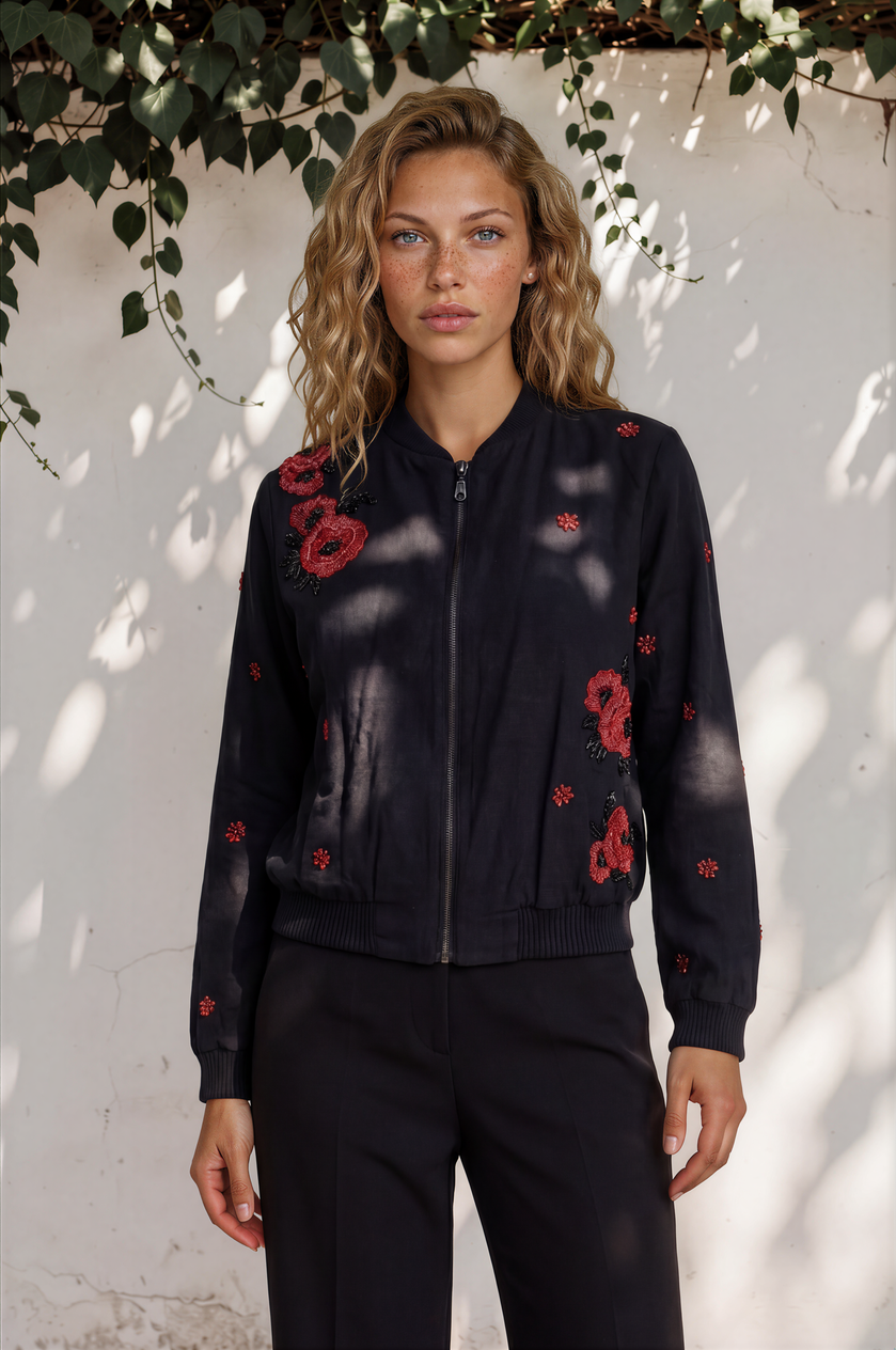 Layla Black Hand-Embroidered Bomber Jacket with red florals