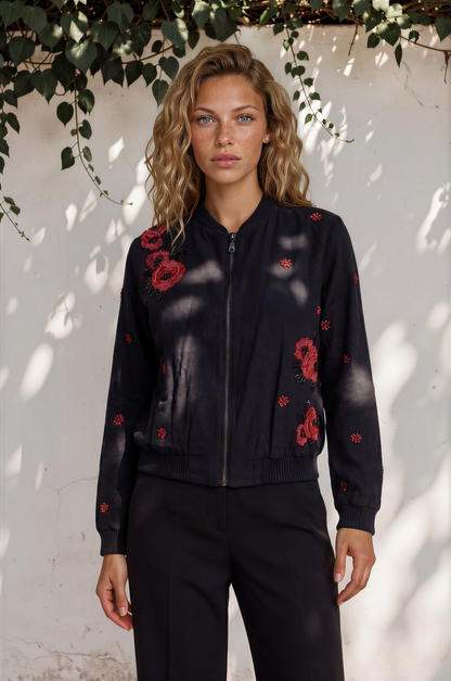 Layla Black Hand-Embroidered Bomber Jacket with red florals