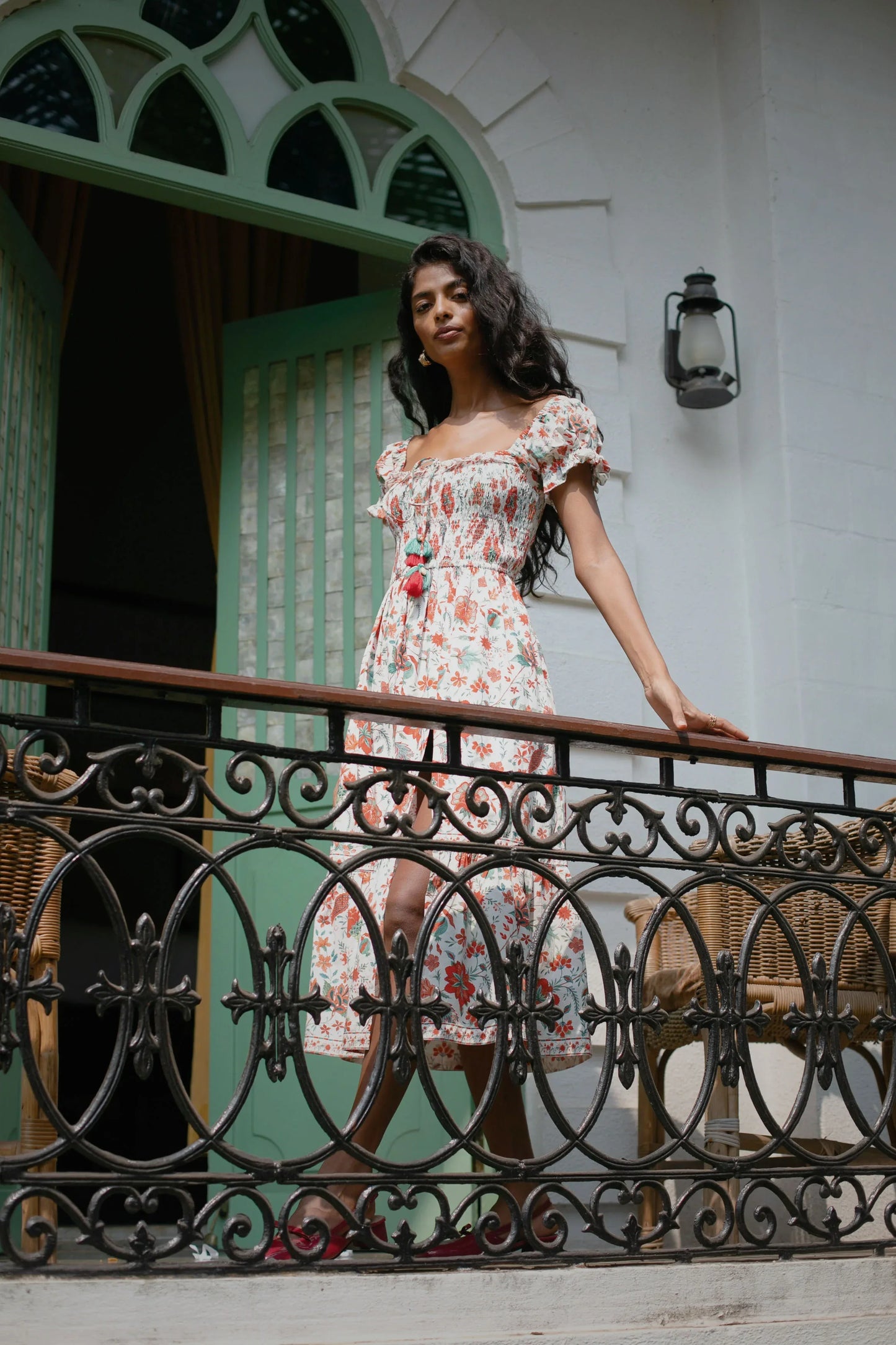 White Chintz floral cotton midi dress with puff sleeves styled for summer — Amaya World slow fashion