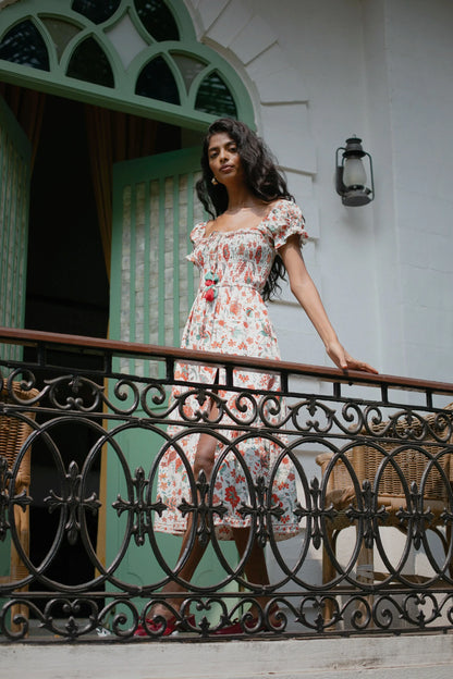White Chintz floral cotton midi dress with puff sleeves styled for summer — Amaya World slow fashion