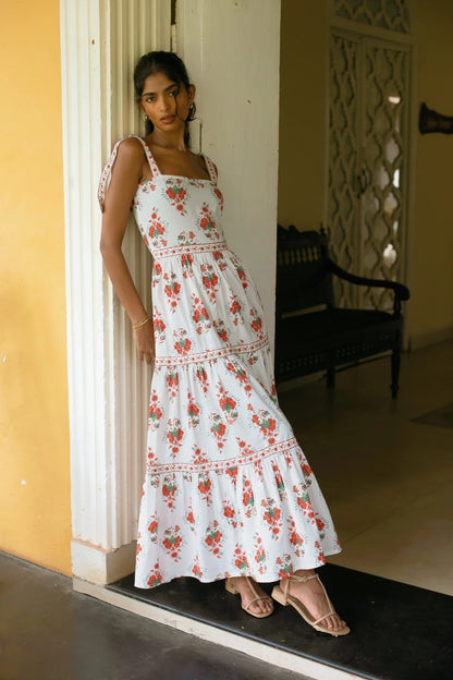 White hand-painted Floral print tiered cotton poplin maxi dress with fit and flare silhouette and straps— Amaya World