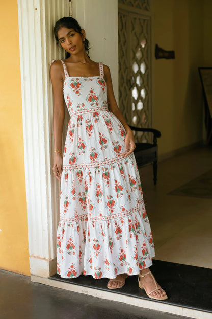 Front view of hand-painted Chintz floral botanical print on white tiered cotton maxi sundress with A line silhouette— Amaya World