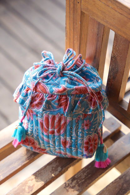 Top angle picture of aqua bucket bag