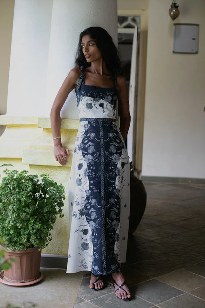 Black and white hand-painted floral fit-and-flare linen blend maxi dress — Amaya World