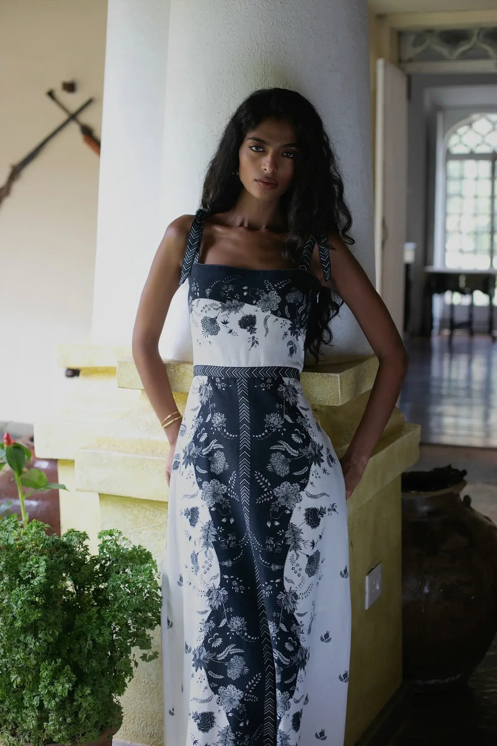 Black White Floral Maxi Dress, Handmade Cotton linen Boho Dress Women S Black White Floral Maxi Dress, Handmade Cotton linen Boho Dress Women S