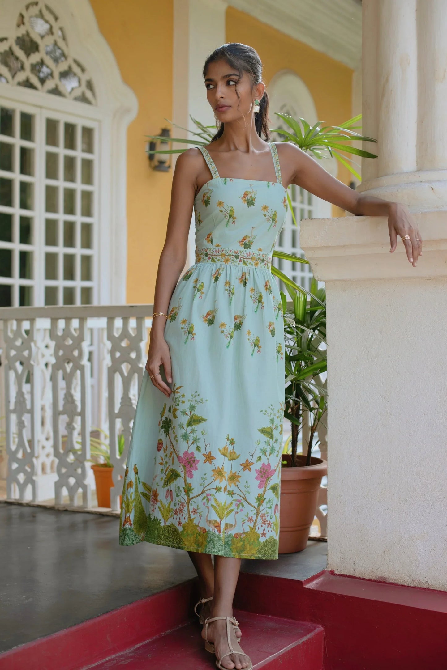 Front view of Blue floral cotton midi dress showing straight neckline and adjustable straps — Amaya World