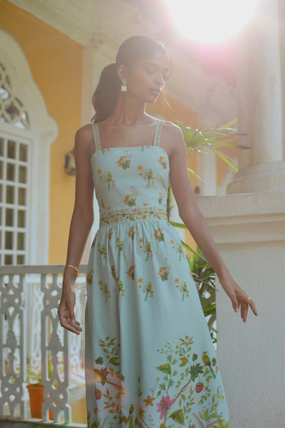 Close-up of floral botanical fit-and-flare midi sundress in blue made in 100% cotton— Amaya World